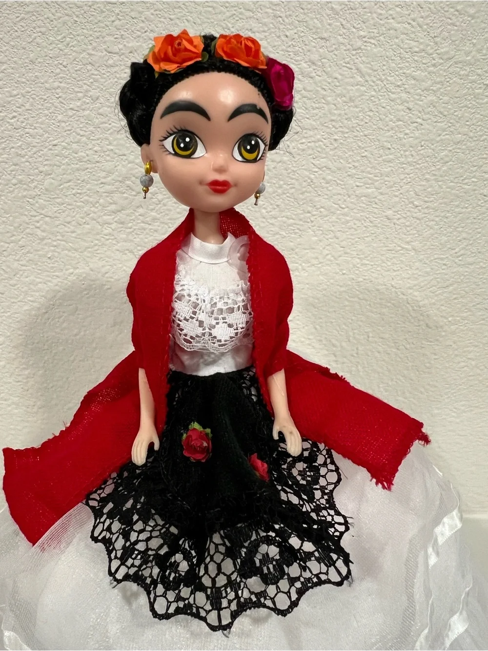 Frida-Style Girls Costume Dress with Red Shawl and White Skirt